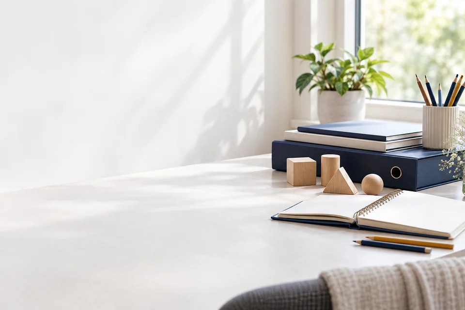 Cena ilustrativa de cadernos, materiais pedagógicos e uma pasta azul organizados sobre uma mesa clara.