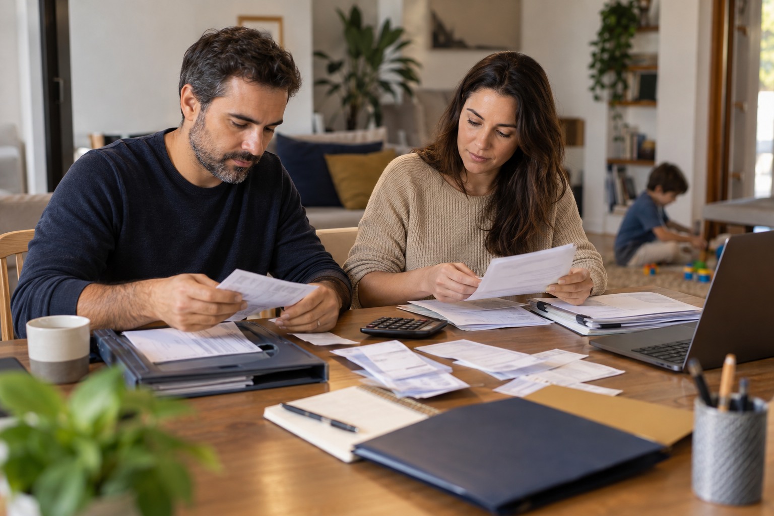 Casal organiza recibos e documentos em uma mesa enquanto uma criança brinca ao fundo.